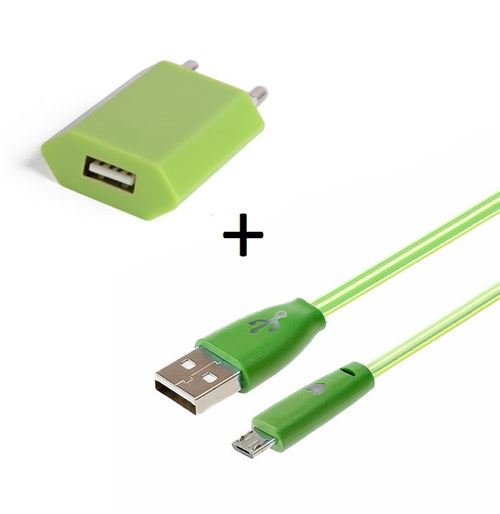 Pack Chargeur Pour Samsung Galaxy S7 Edge Smartphone Micro Usb (cable Smiley Led + Prise Secteur Usb) Android Connecteur (vert)
