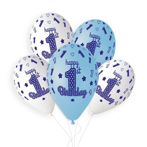 5 ballons bio 1st birthday 33cm bleu bébé - Coloris : Bleu313666