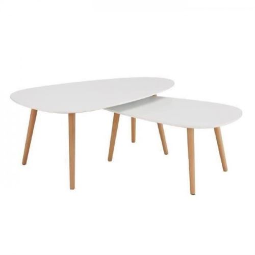 KIVI Lot de 2 tables basses gigognes scandinave blanc laque mat - L 98 x l 61 et H 39 x l 48 cm