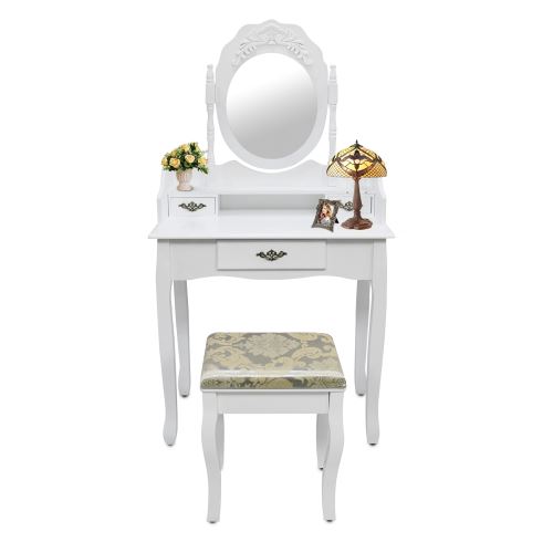 Table de Maquillage, Coiffeuse, 3 tiroirs, miroir oval cadré, Blanc, Matériau: MDF, Bois de Paulownia