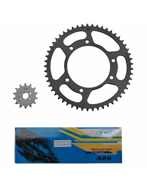 Kit chaine adaptable derbi 50 senda drd 2002+2005 420 14x53 (alesage 105mm) (demultiplication origine) -p2r-