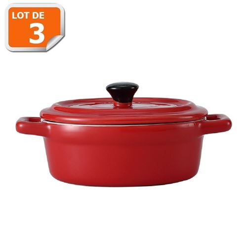 Lot de 3 mini cocottes ovales rouges avec couvercle et poignées HobbyCook