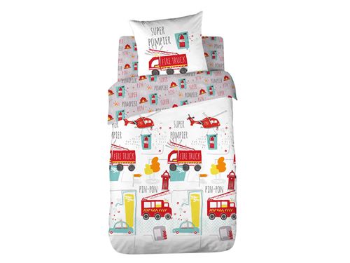Drap housse 100% coton pompier pin pon gris 90x200cm FIRE TRUCK