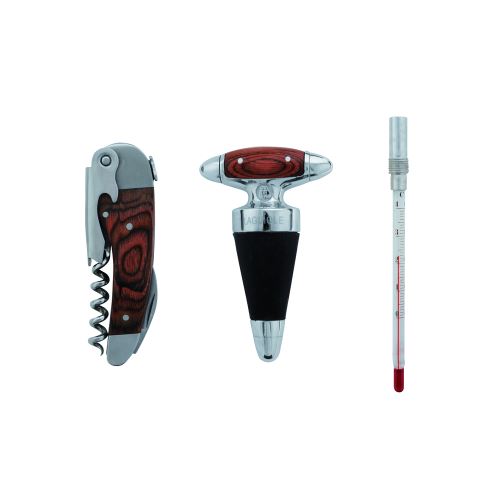 Set 3 accessoires à vin de luxe - Tire-bouchon, Bouchon stoppeur, Thermomètre - Bois de pakka - Coffret cadeau - Idéal pour tous les amateurs de vin