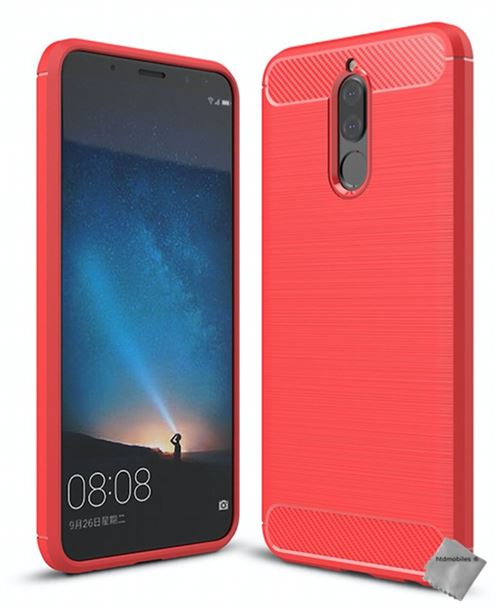 Housse etui coque silicone gel carbone pour Huawei Mate 10 Lite avec verre trempe - ROUGE