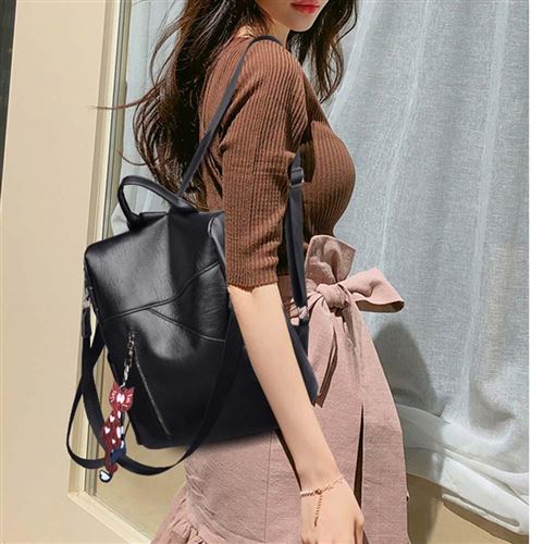 Sac À Dos Femme Grande Capacité Étudiant En Pu Cuir Noir
