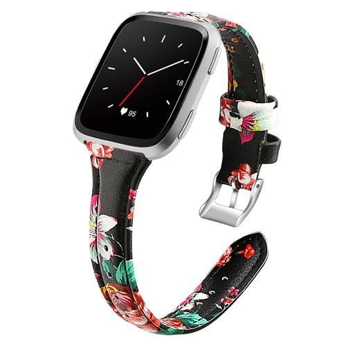 Bracelet en cuir classique magnifique pour Fitbit Versa 3 / Sense - Noir&Fleur rouge