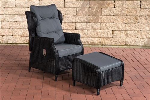Fauteuil de jardin Breno 5 mm avec pouf repose-pieds - Polyrotin Noir - Coussins Gris fonte