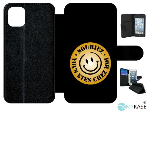 Etui My-Kase pour iPhone 11 - souriez vous etes chez moi fond noir smiley ocre - Simili-cuir Noir