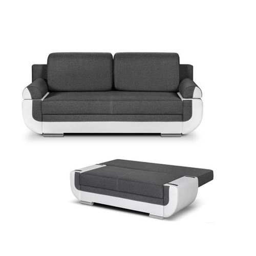 Banquette convertible avec le coffre - Tissu gris et simili blanc - L204 x P90 x H89cm - NINA