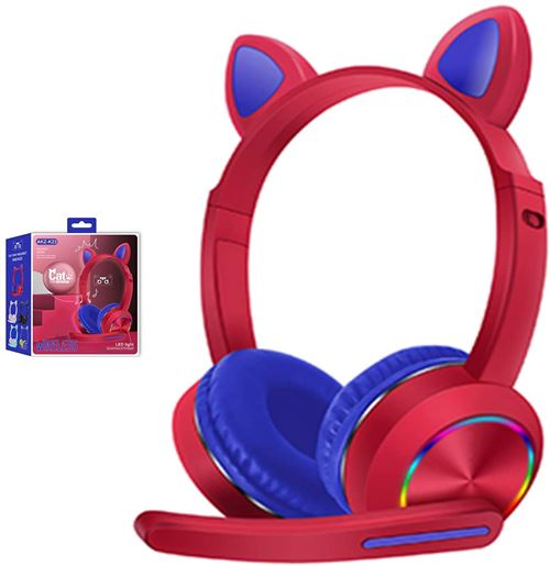 Modonghua Casque de jeu sans fil pour fille Casque de jeu stéréo tendance Bluetooth 5.0 Réduction du bruit Oreilles de chat mignonnes avec lumières LED Pour enfants et adultes 