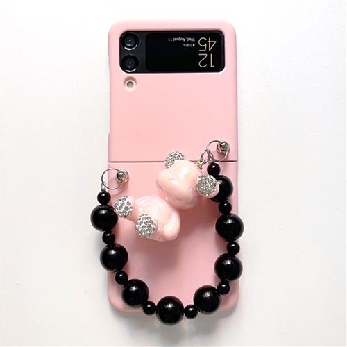 Coque pour Samsung Z Flip 3 avec Lanière Frusde Pliable avec Pendentif Ours Anti-chute - Rose