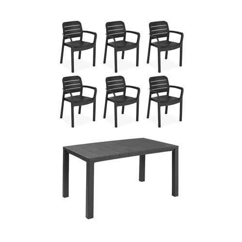 Sweeek Table de jardin en résine de synthèse - Julie Rectangulaire graphite 147cm + 6 fauteuils de jardin empilables Tisara