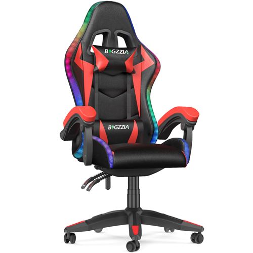 Chaise gaming avec éclairage LED Effets BIGZZIA, avec Lombaire et Appui-Tête Appui, Dossier Hauteur Réglable, Rouge