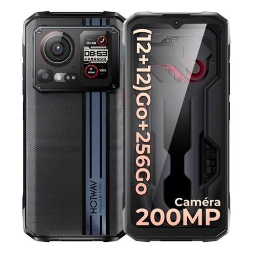 HOTWAV Cyber 15 Smartphone Robuste 200MP 24Go + 256Go ROM, 6,6 FHD+ 6280mAh IP68 Téléphone 4G Écran Secondaire Arrière-Noir