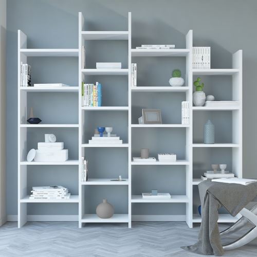 HOMEMANIA Bibliothèque Skyler Meuble Murale, Étagère de Rangement - avec Compartiments - pour Séjour, Bureau - Blanc en Bois, 200 x 30 x 192 cm