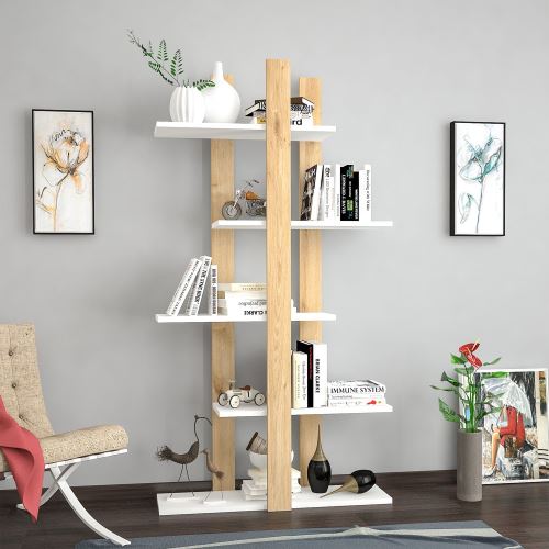 HOMEMANIA Denbi Boekhandel- Wandkast - met planken - van woonkamer, kantoor - Eik, Wit in hout, 80 x 20 x 150 cm