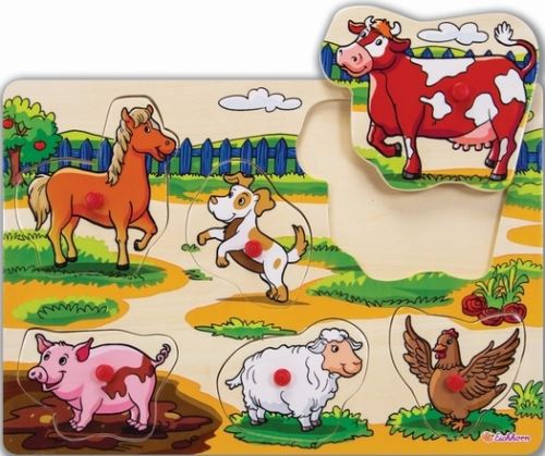 Puzzle en bois a encastrer animaux de la ferme public 6 pieces - puzzle bouton eichhorn