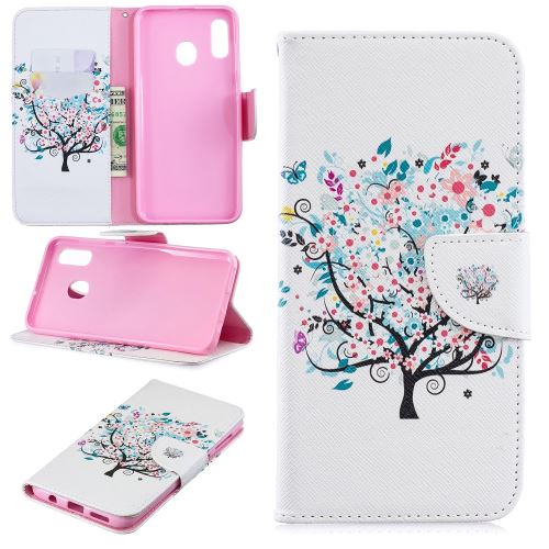 Etui en PU feuille de papier pour l'impression de motifs arbre fleuri pour votre Samsung Galaxy A20/A30