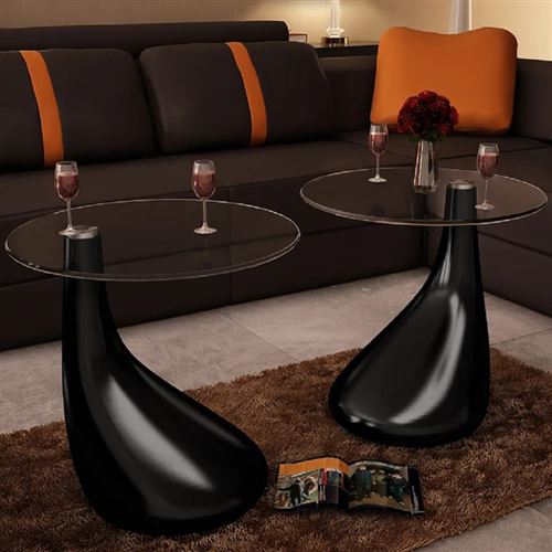 Table basse et dessus de table verre rond noir brillant 2 pcs