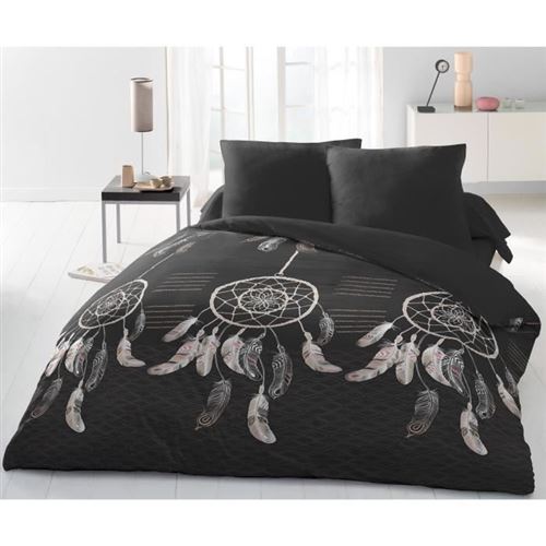 parure de couette microfibre attrape reves - 1 housse de couette 220 x 240 cm + 2 taies d'oreiller 63 x 63 cm - gris anthracite