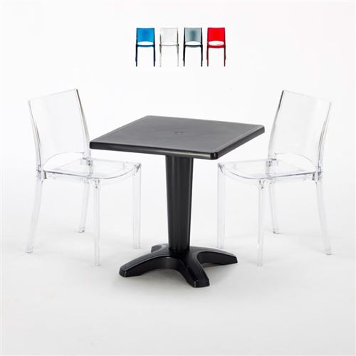 Table et 2 chaises colorées polycarbonate extérieurs Grand Soleil CAFFÈ, Chaises Modèle: B-Side Transparent, Couleur de la table: Noir