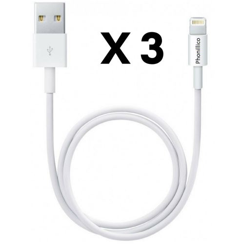 Lot 3 Cables USB Lightning Chargeur Blanc pour iPhone 11 / 11 PRO / 11 PRO MAX - Cable Chargeur Mesure 1 Metre [Phonillico®]