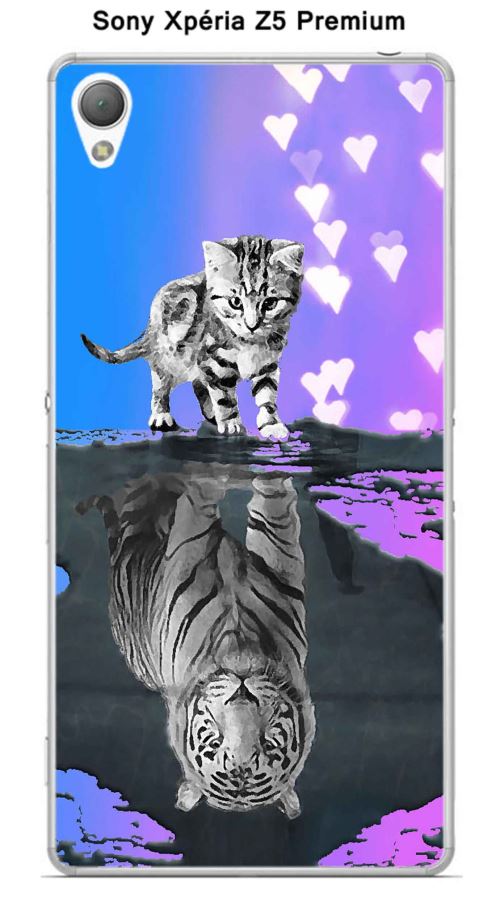 Coque TPU gel souple Sony Xpéria Z5 Premium design Chat Tigre Blanc fond bleu rose