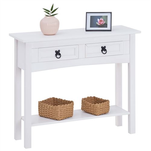 Table console RURAL table d'appoint en pin massif blanc avec 2 tiroirs et 1 &eacute;tag&egrave;re, meuble d'entr&eacute;e style rustique en bois 