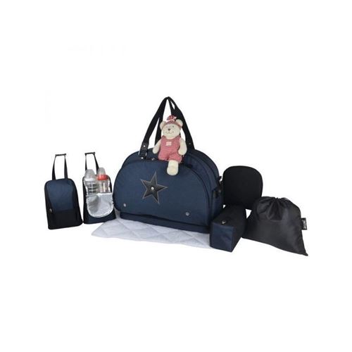 Baby on board- sac a langer - week end team moonlight - sac de voyage bébé - Chiné marine détails cuir noir sac