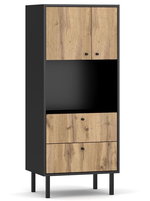Commode haute en bois coloris noir mat / chêne wotan - L.164 x P.42 x H.75 cm -PEGANE-
