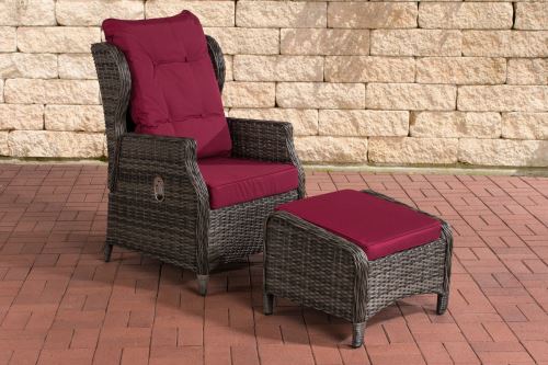 Fauteuil de jardin Breno 5 mm avec pouf repose-pieds - Polyrotin Gris chiné - Coussins Rouge rubis