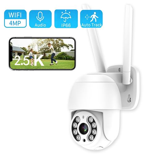 Caméra de surveillance extérieure WiFi 360° PTZ HD 4MP MONMECD - Vision nocturne couleur - Alarme sonore,Blanc
