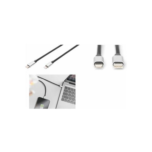 DIGITUS - Câble Lightning - Lightning mâle pour USB-C mâle - 1 m - double blindage - noir - Alimentation USB (18 W) - pour Apple iPad/iPhone/iPod (Lightning)