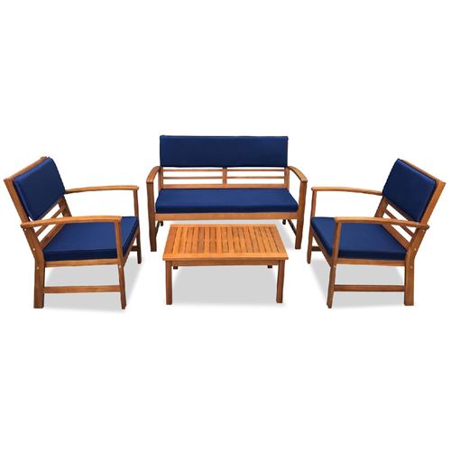 Ensemble de jardin coloris bleu salon d'extérieur en bois d'acacia avec table banquette 2 places et 2 fauteuils avec coussins -JUANIO-