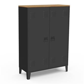 Armoire basse ESTER 2 portes métal noir et plateau bois design industriel - 1