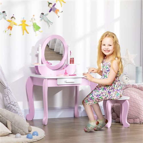 Coiffeuse enfant design girly - tabouret inclus - tiroir, 2 étagères,  niche, miroir - MDF - blanc rose - Achat & prix