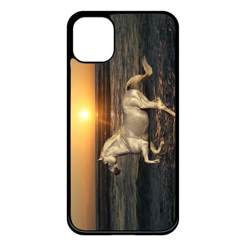 Coque My-Kase pour iPhone 11 - cheval blanc couché de soleil sur la plage - Plastique Noir