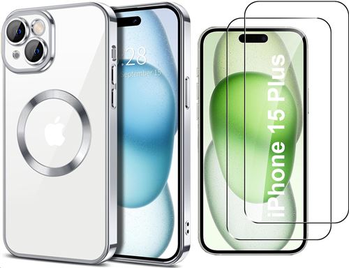 Coque Silicone Pour iPhone 15 Plus Couleur Argent Compatible Magsafe + 2 Verres Trempe Protection Ecran Little Boutik®