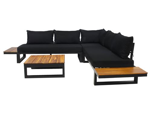 Salome - salon bas de jardin 5 places + table - modulable - bois, métal et coussins noirs - Noir et bois