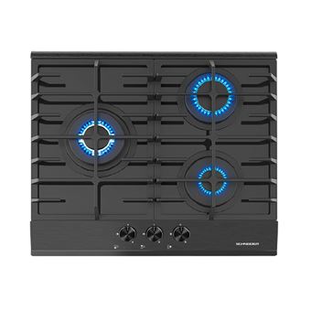 Table de cuisson verre gaz 60 cm, 3 brûleurs, Wok, grilles fonte, coloris noir, bandeau aluminium noir