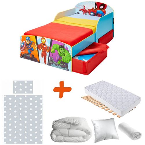 Pack Premium Lit Enfant avec tiroirs de rangement Avengers Marvel Disney = Lit+Matelas & Parure+Couette+Oreiller