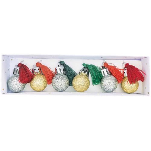 6 mini boules de Noël à paillettes et pompons rouge et vert - Rico Design