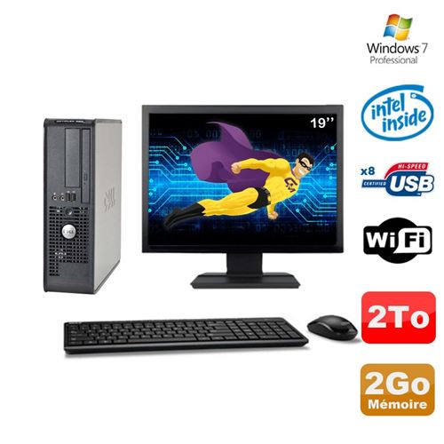PC Dell 380 Sff E5200 2.5Ghz 2Go Disque 2To Dvd WiFi Win 7 Ecran 19'