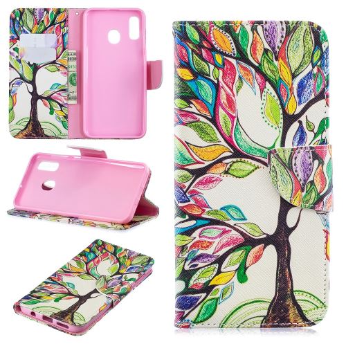 Etui en PU feuille de papier pour l'impression de motifs arbre colorisé pour votre Samsung Galaxy A20/A30