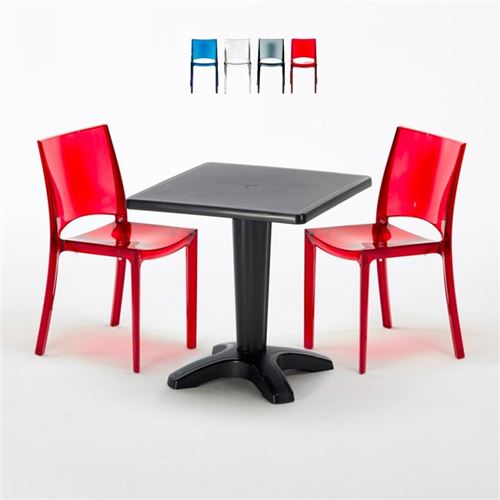 Table et 2 chaises colorées polycarbonate extérieurs Grand Soleil CAFFÈ, Chaises Modèle: B-Side Rouge transparent, Couleur de la table: Noir