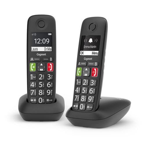 Gigaset E290 Duo Téléphone sans fil avec sonneries puissantes, grands chiffres et son renforcé, touches d'appel rapide, mains libres avec volume réglable, noir [Produit d'import]