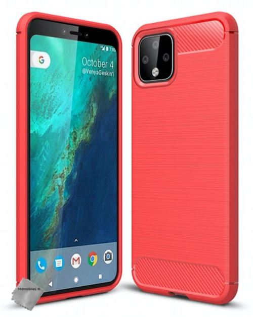 Housse etui coque silicone gel carbone pour Google Pixel 4 XL avec verre trempe - ROUGE