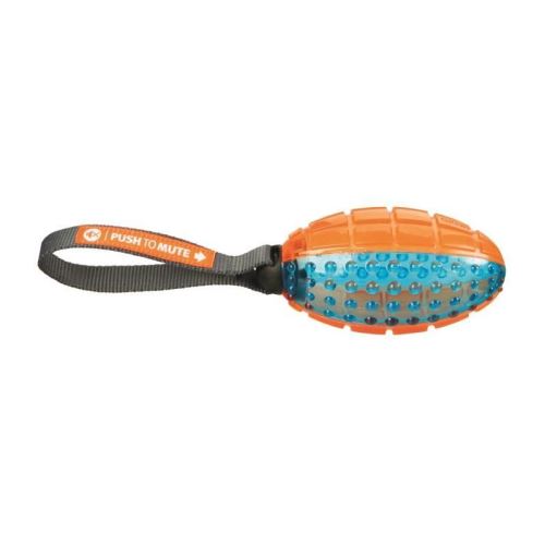 trixie push to mute - ballon de rugby avec corde - 12-27 cm - orange et bleu - pour chien