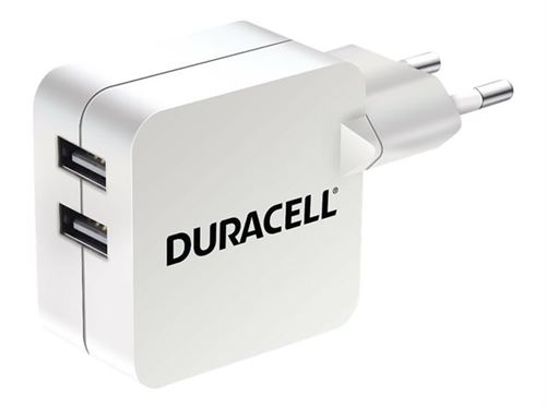 Chargeur voyage 3.4 A, 2 Port USB DURACELL pour tablette/smartphone, entrée 100-240 V avec 4 interchangeables - Blanc